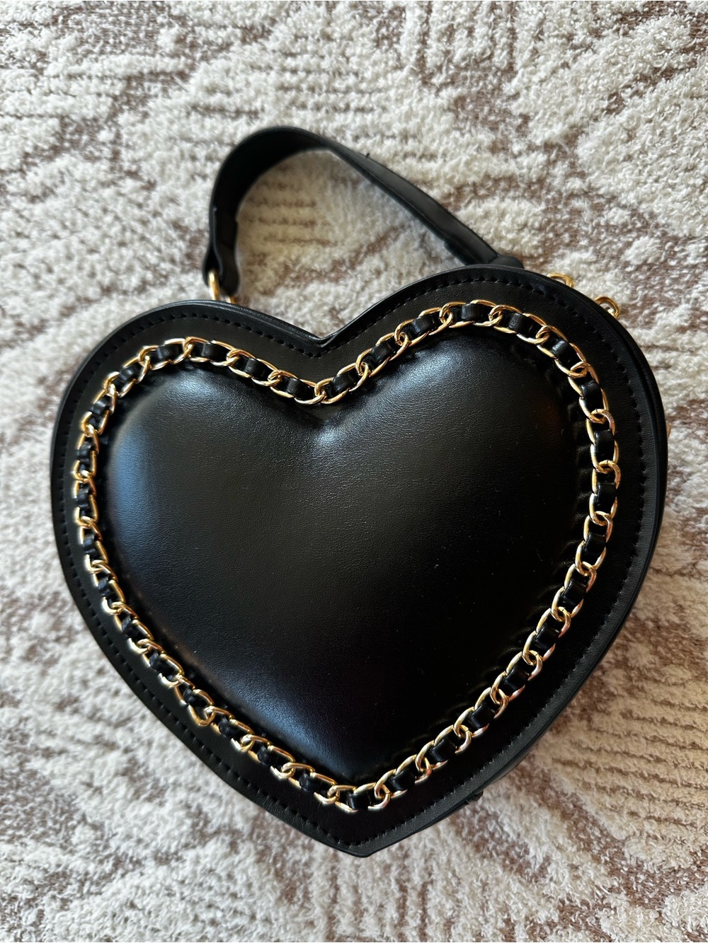 Heart Shaped Black Crossbody Bag Gold Chain Detail Top Handle Purse